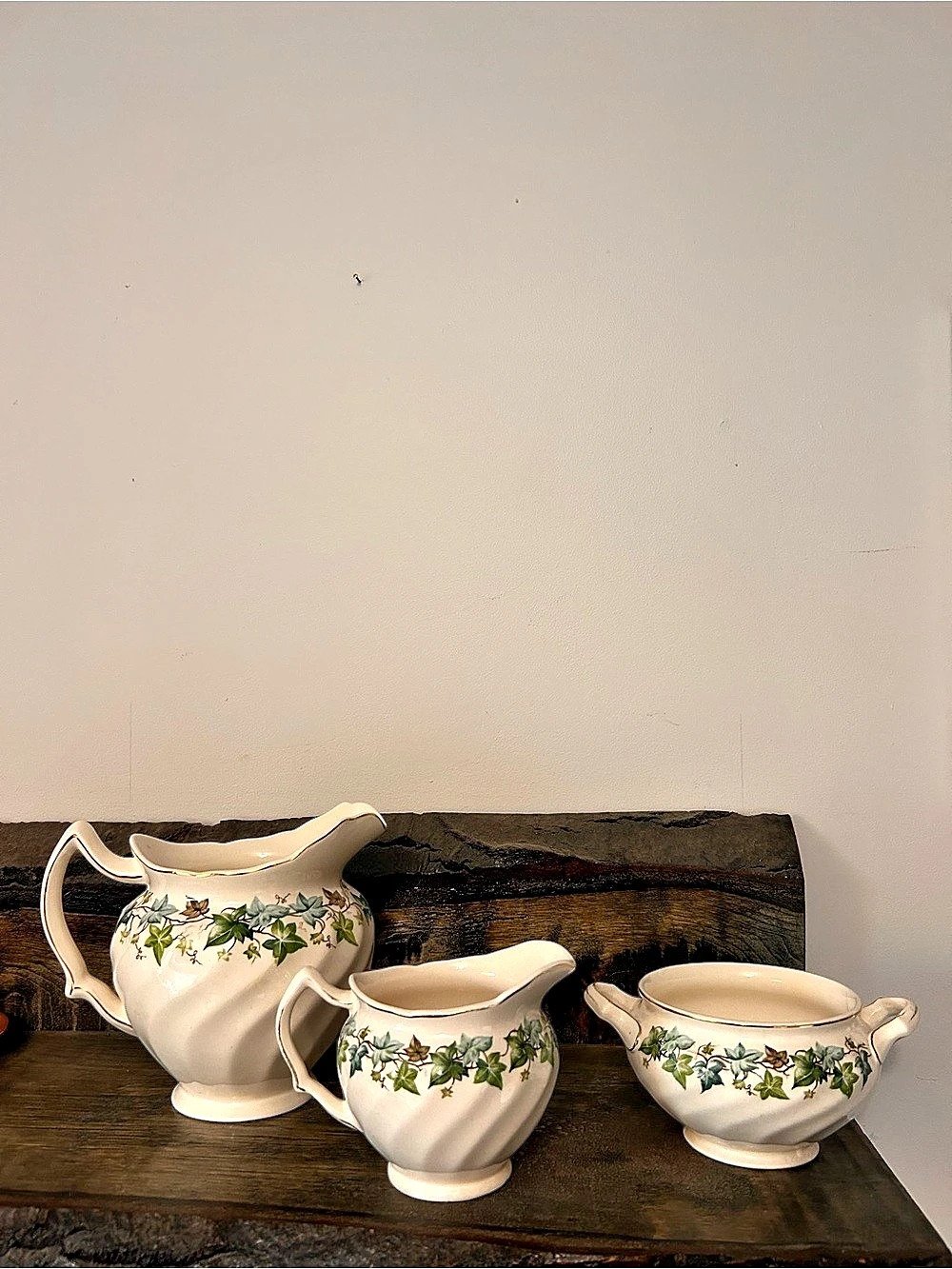 Vintage Mid Century White & Green Johnson Bros Creamer, Sugar and Pitcher Set